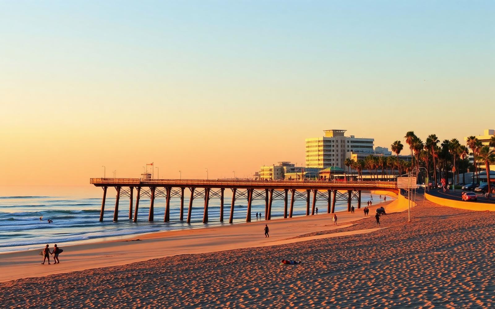 Huntington Beach coastline at sunset