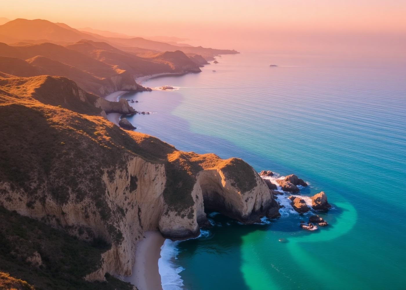 Corona del Mar coastline with bluffs and turquoise water at golden hour