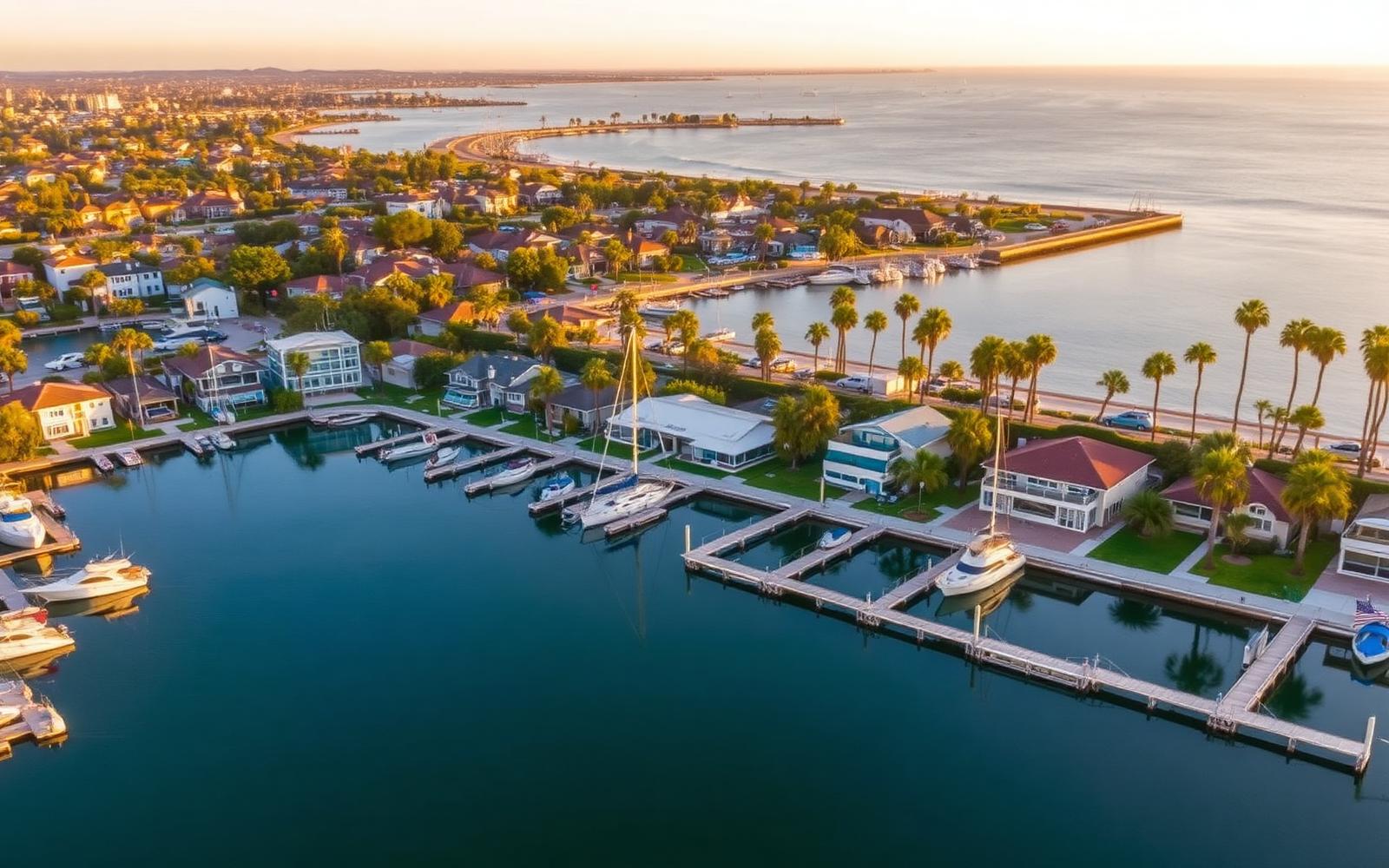 Aerial view of Huntington Harbour channels and private docks