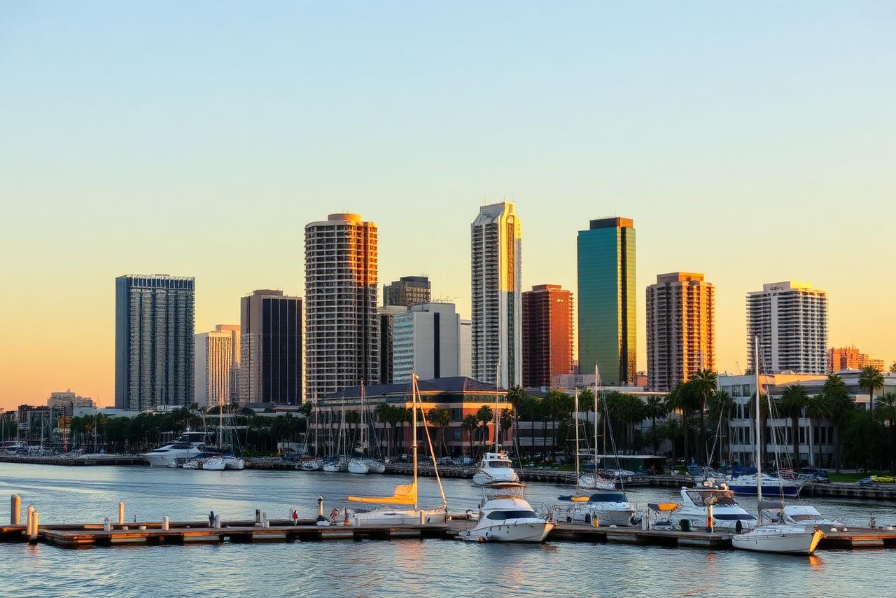 Downtown Long Beach skyline and marina at golden hour