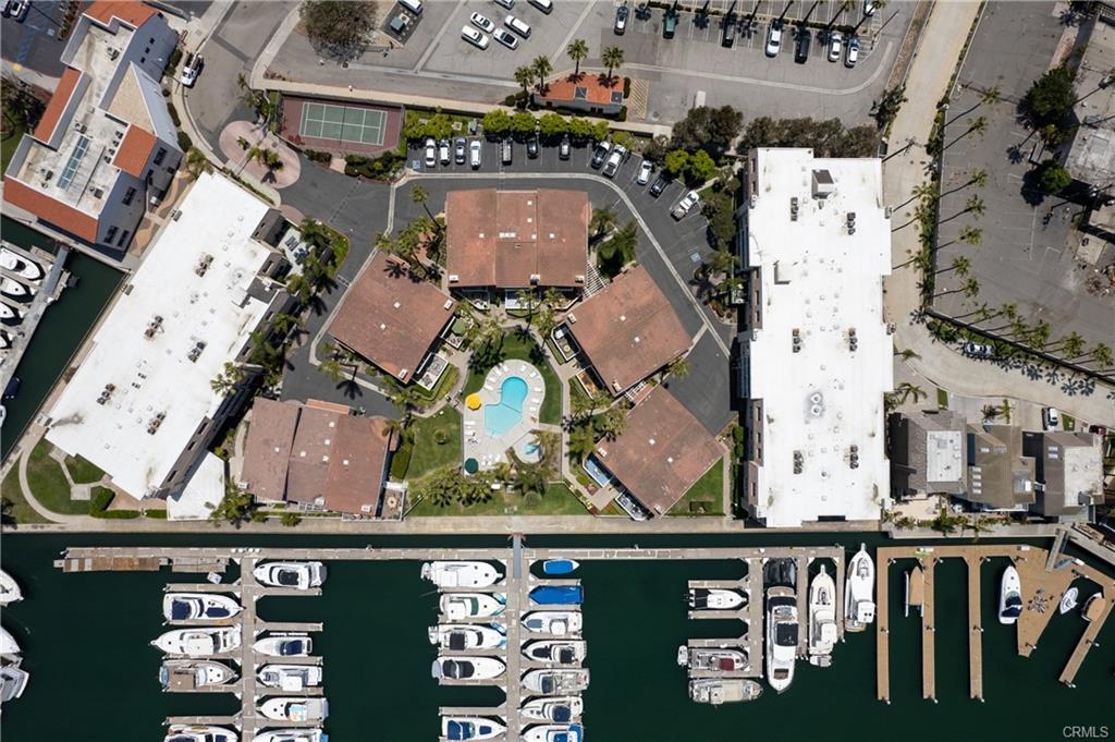 Aerial of the Bayport community pool overlooking the harbour docks