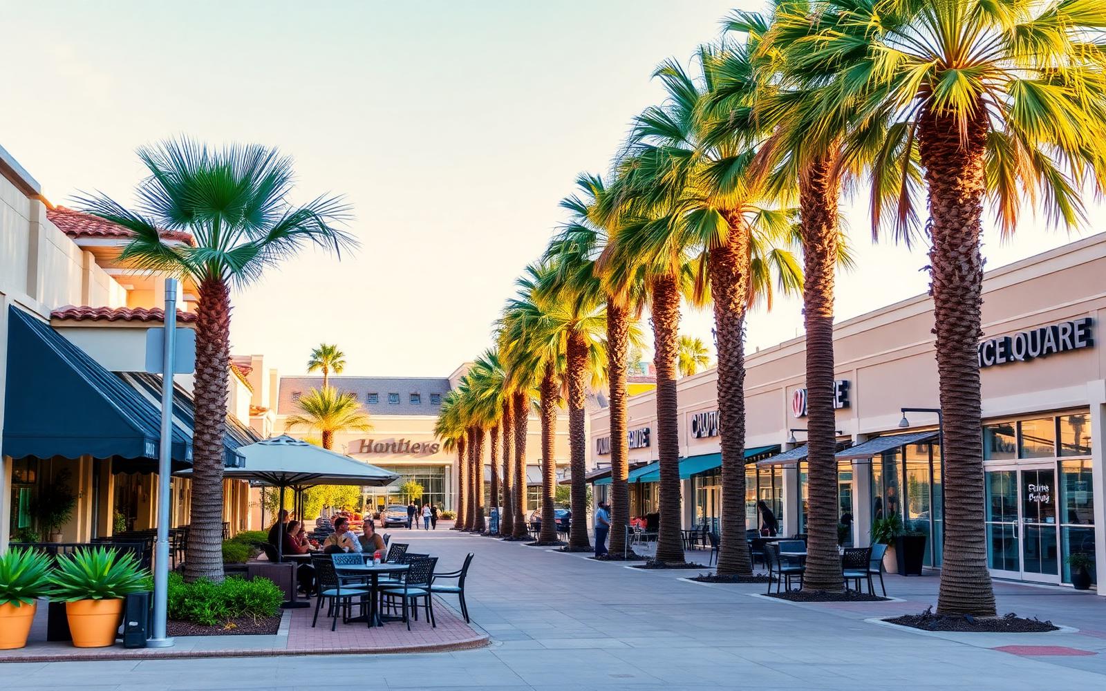 Fountain Valley shopping and dining plaza with palm trees