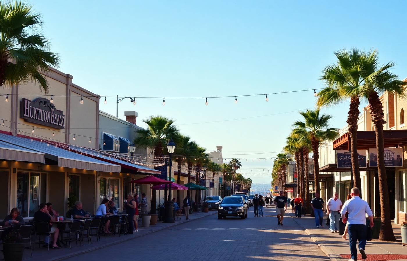 Main Street in Downtown Huntington Beach with cafes and palm trees