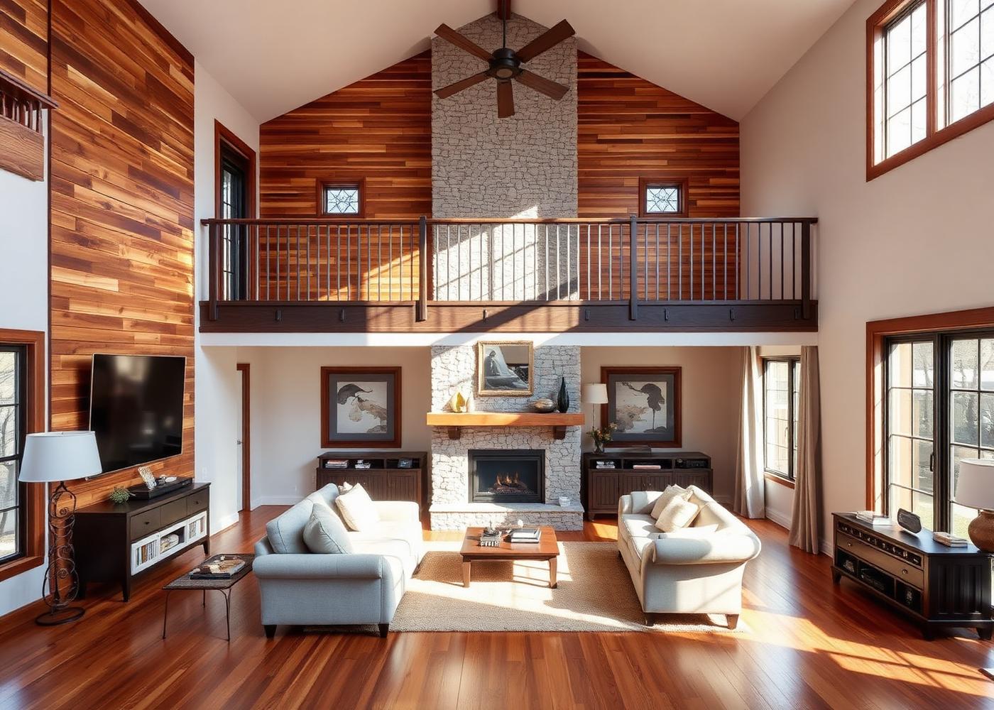 9 Teakwood — two-story living room with wood wall and stone fireplace