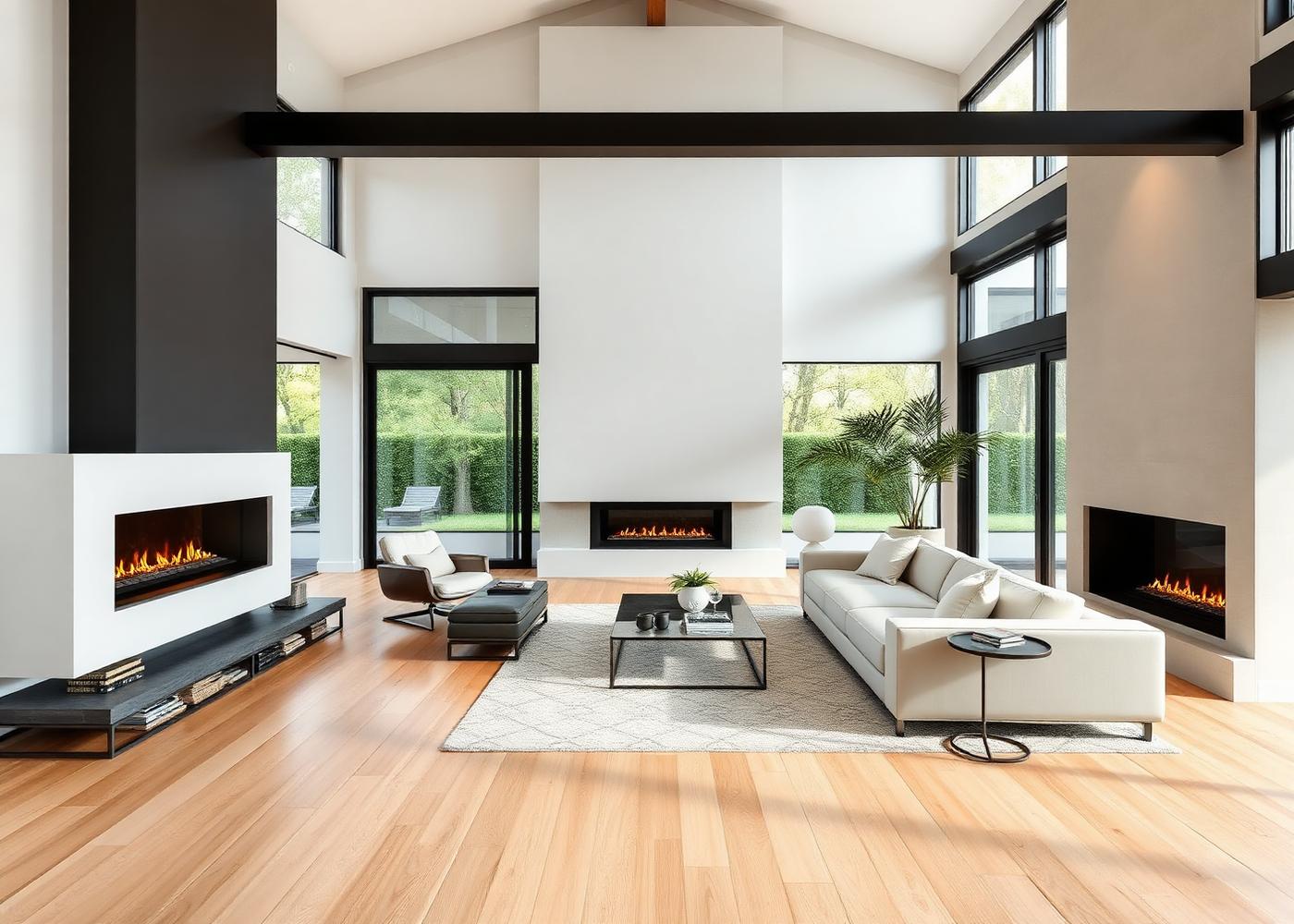 5 Le Conte — modern great room with linear fireplace and glass sliders