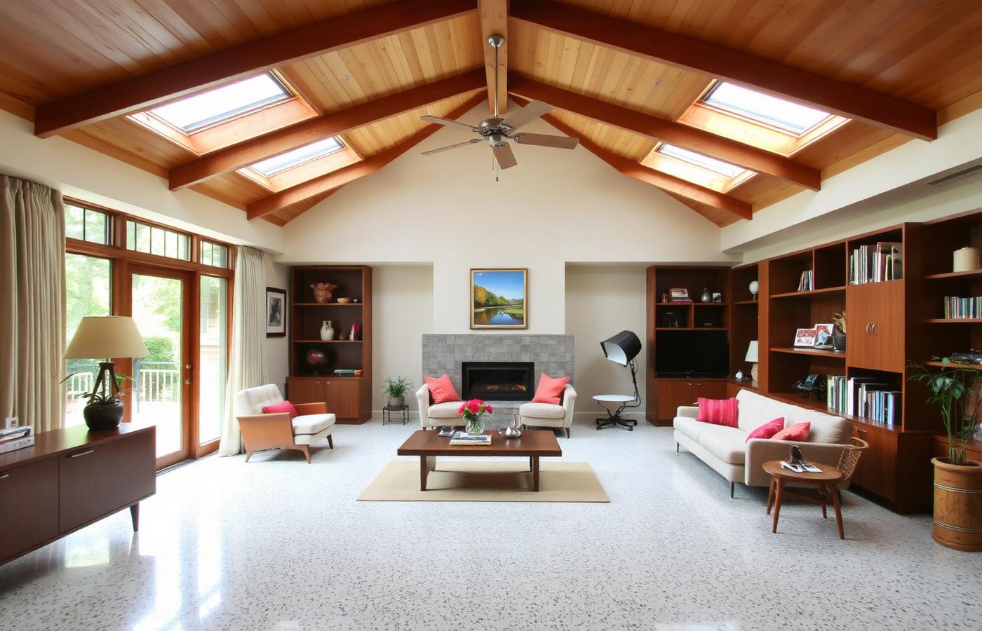 6829 E Parapet — post-and-beam living room with clerestory windows
