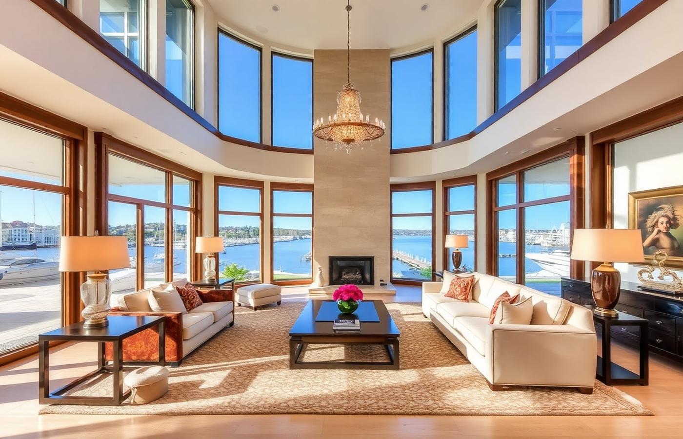 16572 Carousel — great room with soaring ceilings and water views