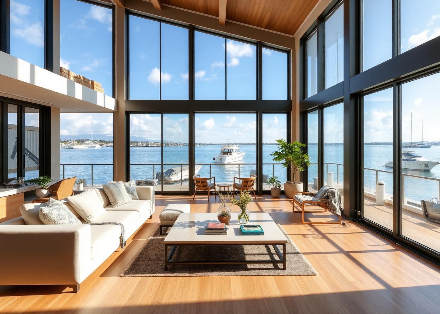 1700 Port Ashley — waterfront living room with walls of glass