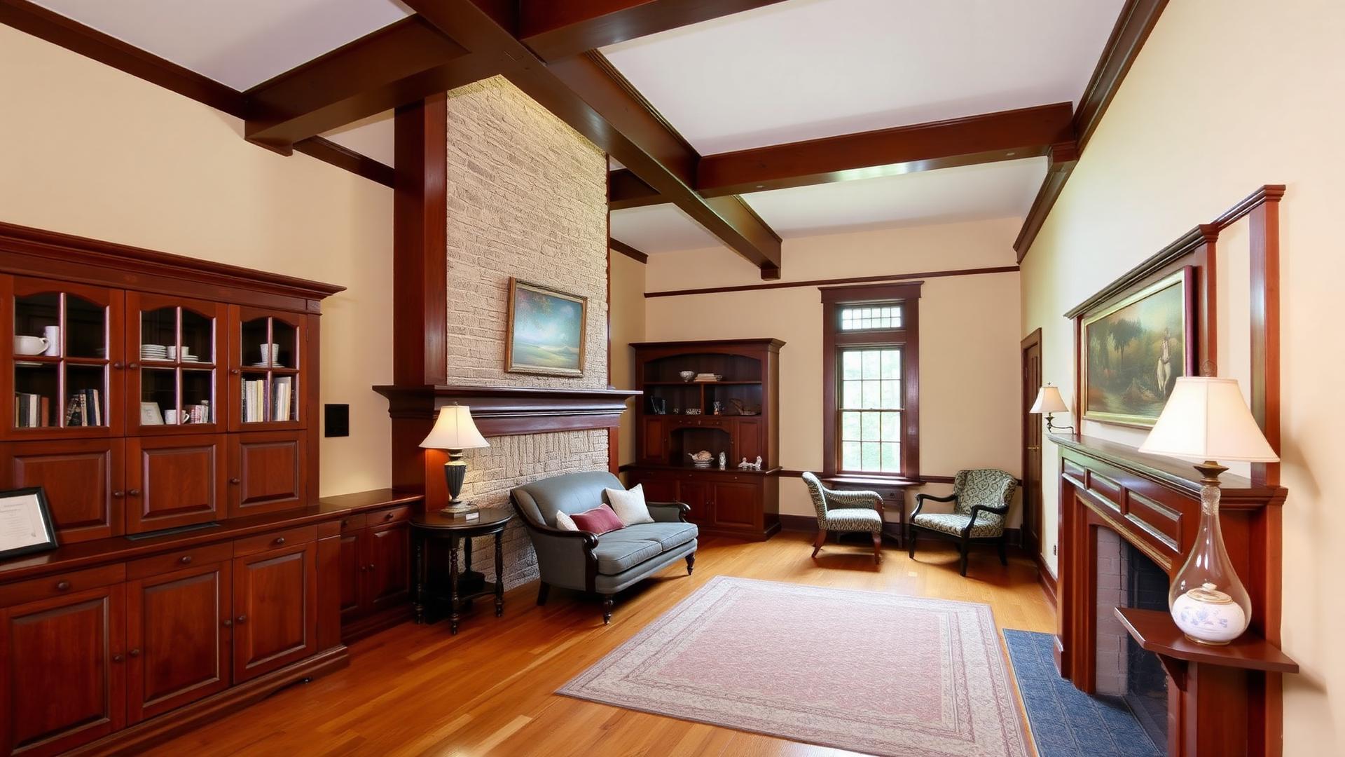 4057 Pine — living room with box-beam ceiling and built-in cabinetry