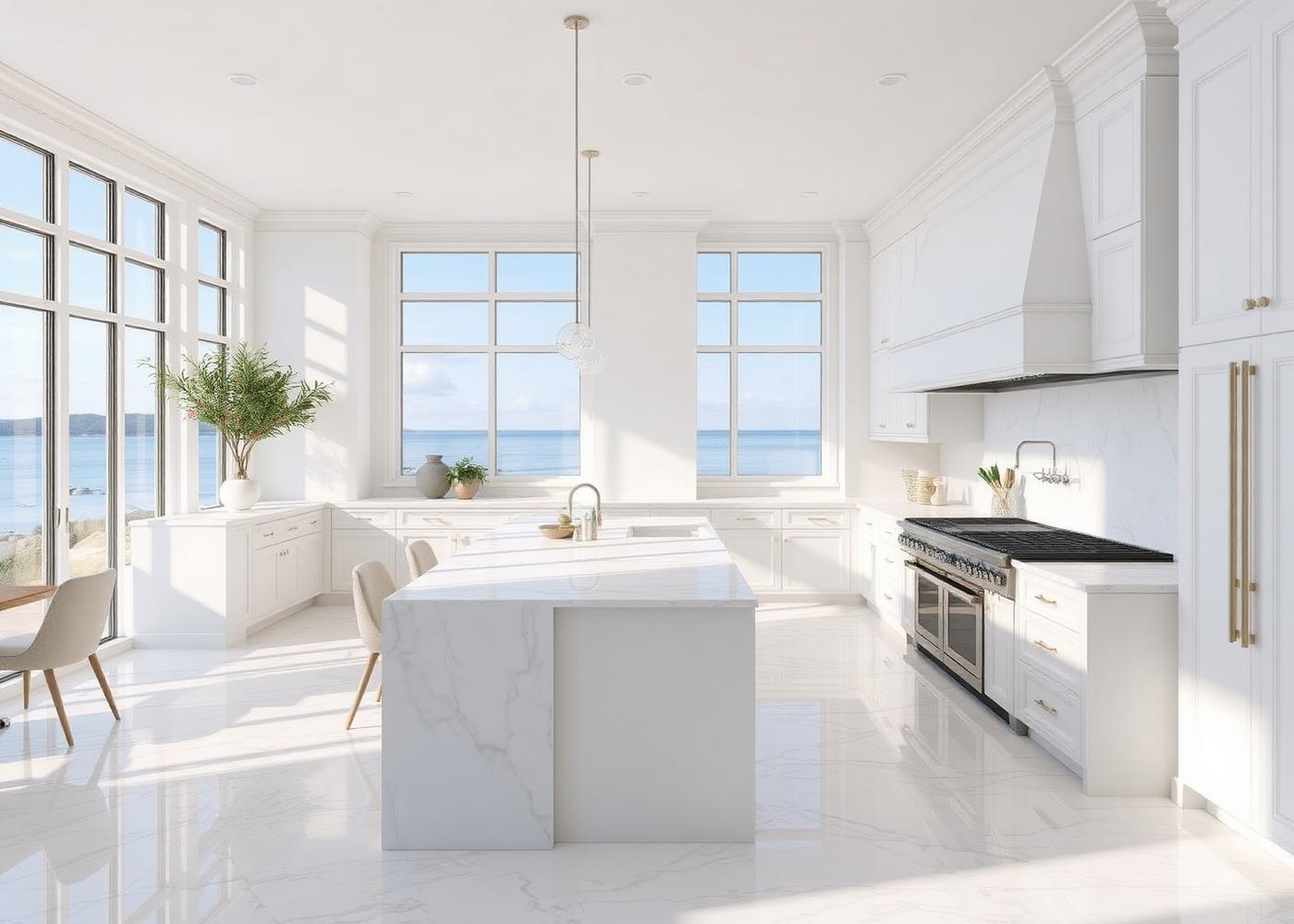 1700 Port Ashley — white chef's kitchen with marble island and water views