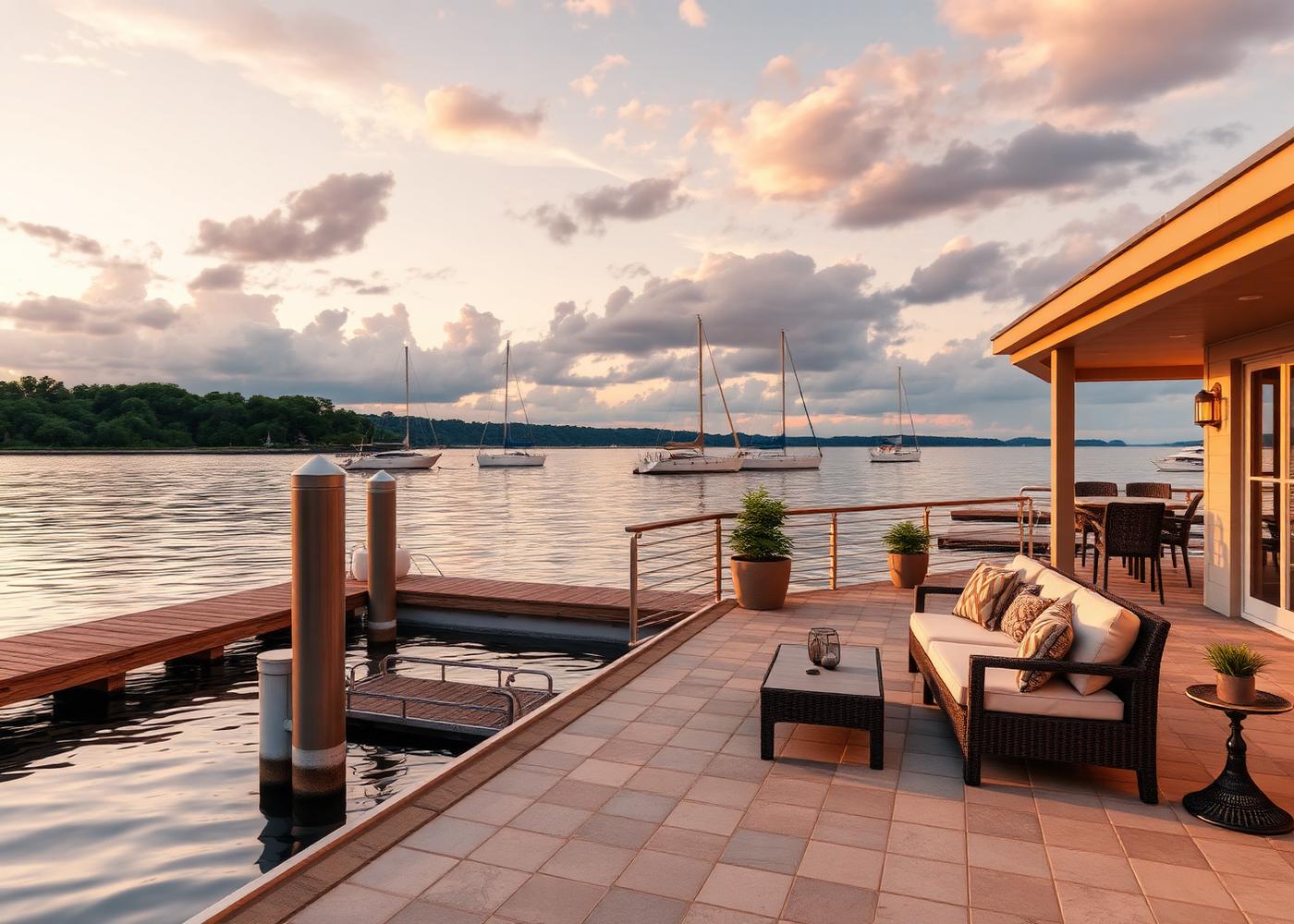 1700 Port Ashley — private dock and waterside terrace at sunset