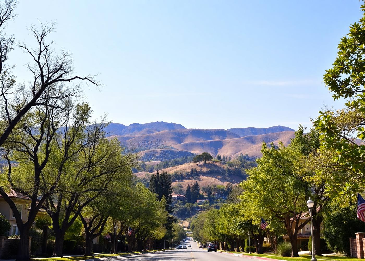Tree-lined residential street in the North Santa Ana foothills
